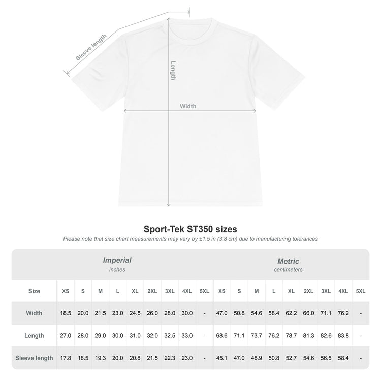 White t-shirt with measurement chart for Sport-Tek ST350 sizes on a white background