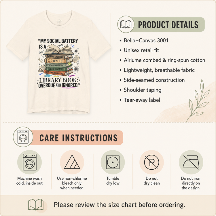 A product listing graphic for a cream-colored t-shirt featuring a graphic of stacked books with the text &