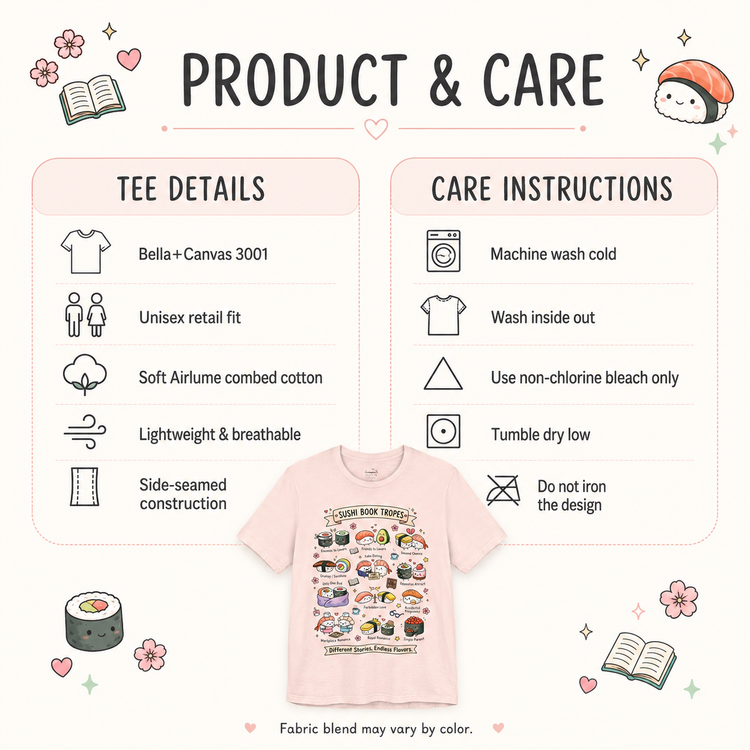 A product and care infographic for a light pink graphic T-shirt. The layout includes a central product photo of the shirt with a colorful sushi-themed print, surrounded by care instructions and fabric details on the left and right.