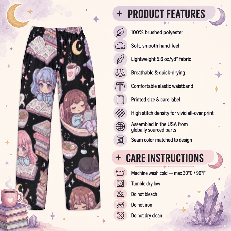 Moonlit Bookish Dreams Pajama Pants – Pastel Reader Lounge Bottoms - Dogear Dreams