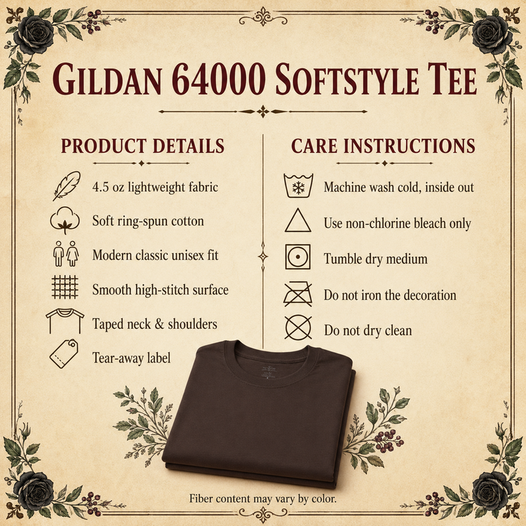 A folded dark brown T-shirt displayed on a vintage-style beige informational graphic for Gildan 64000 Softstyle Tee, with product details and care instructions printed around it.