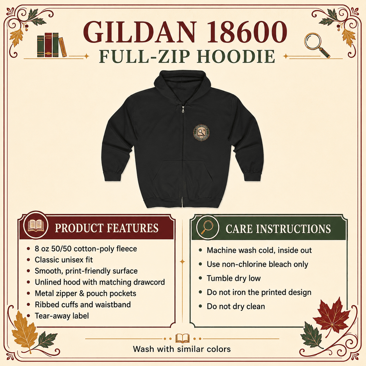 Cozy Mystery Detective Agency Zip-Up Hoodie | Bookish Cat Reading Nook - Dogear Dreams