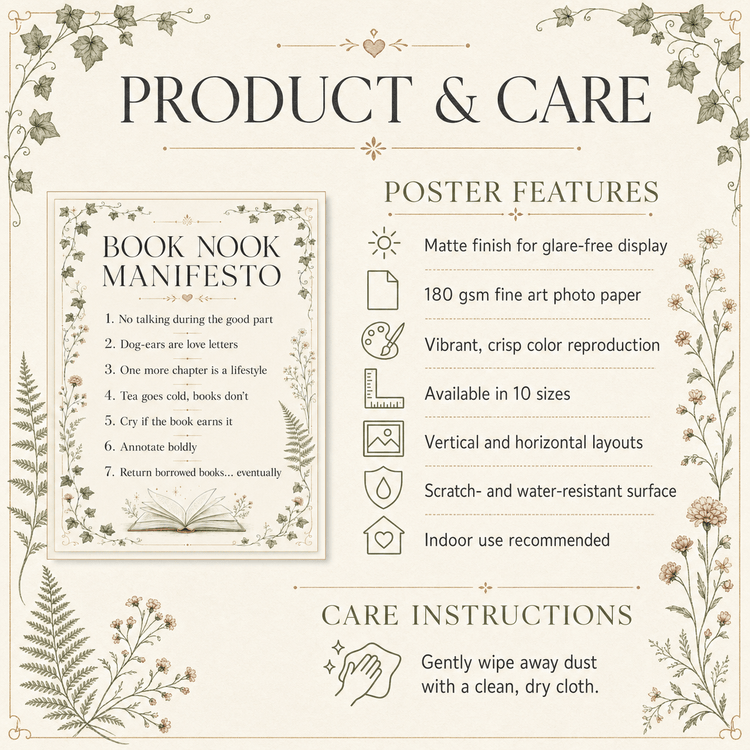 Book Nook Manifesto Wall Art Print | Botanical Bookish Poster for Reading Nook & Home Library Decor - Dogear Dreams