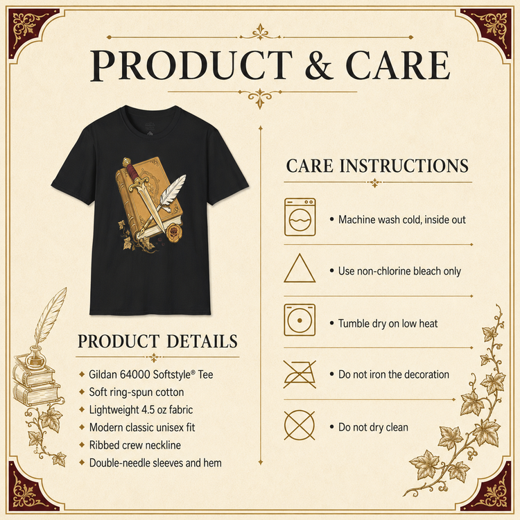 A product and care information graphic for a black graphic T-shirt. The layout shows the shirt on the left with printed details about its material and construction, and a care instructions panel on the right with icons and text for washing, bleaching, drying, and ironing.
