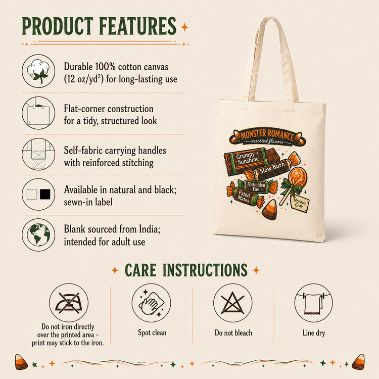 A product information graphic for a canvas tote bag. The right side shows a cream canvas tote with printed candy-themed graphics and the text &