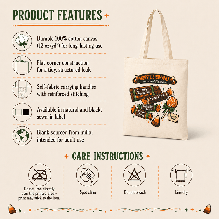 Monster Romance Halloween Candy Tote Bag | BookTok Trope Canvas Tote - Dogear Dreams