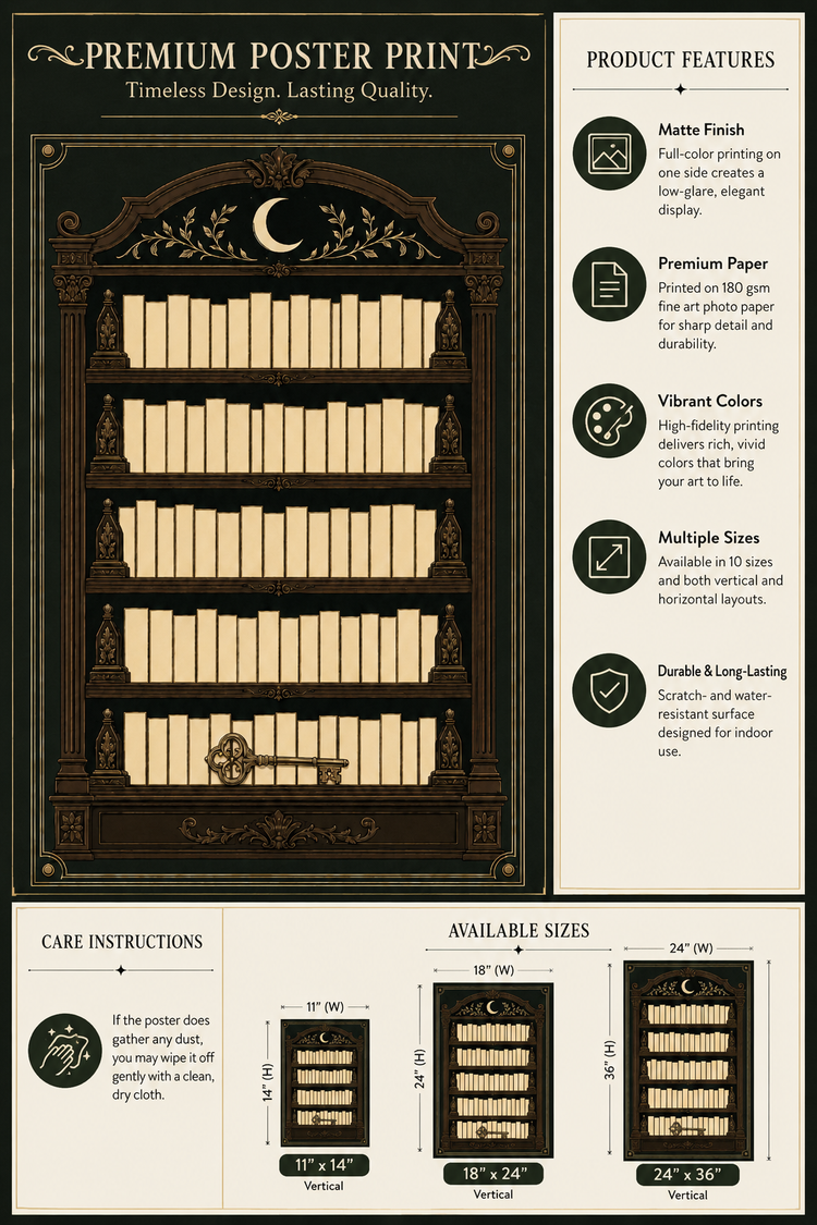A poster print template featuring a dark wood bookshelf with cream-colored book pages and a crescent moon illustration, presented with product features, care instructions, and available sizes on a beige background.