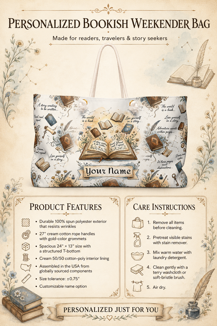 A personalized bookish weekender bag with a vintage-style illustration of open books and a quill, shown on a cream-colored poster layout with product features and care instructions.