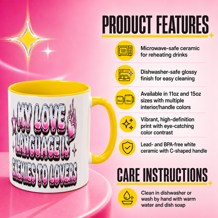 A white ceramic mug with a yellow handle and interior, featuring the text &
