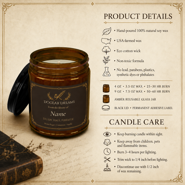An amber glass jar candle with a black lid off to the side, shown on a vintage-style beige background with product details and care instructions printed beside it. The label reads &
