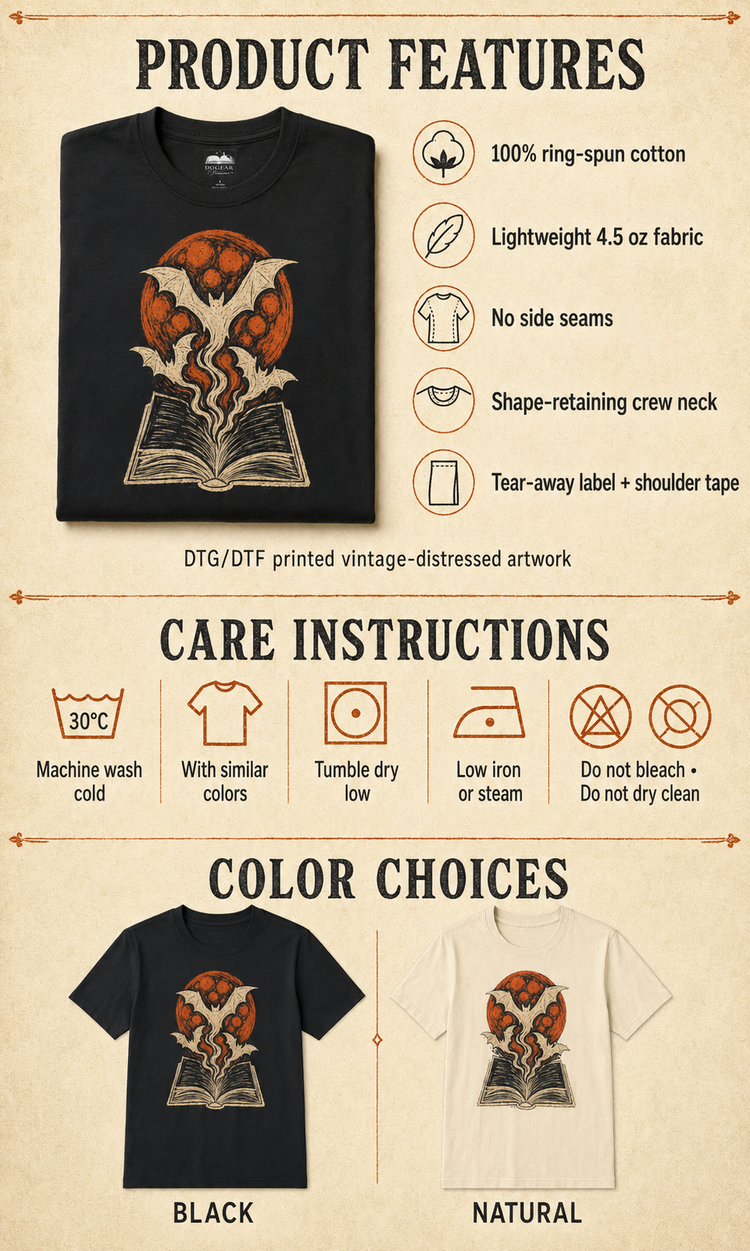 A product information graphic for a crew-neck T-shirt showing the front design, product features, care instructions, and color options. The shirt design is a vintage distressed print of a book with bats in orange, brown, and cream tones.