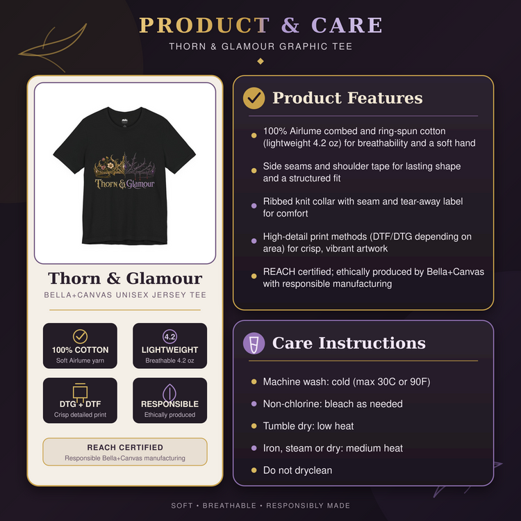 An informational product and care graphic for a black graphic T-shirt. The left panel shows the shirt with the visible &