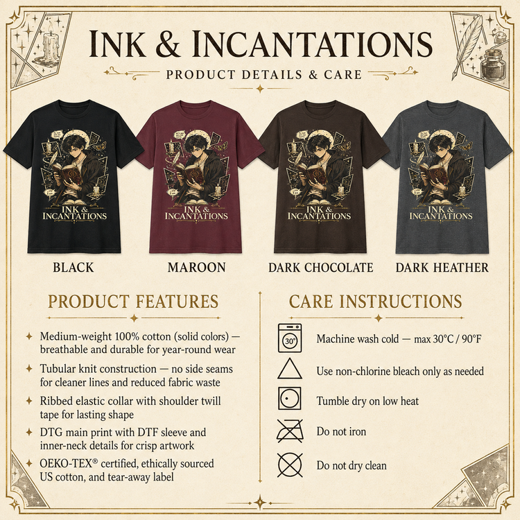 A product information graphic for Ink & Incantations t-shirts showing four color options: Black, Maroon, Dark Chocolate, and Dark Heather. The graphic includes product features and care instructions on an antique-style beige parchment background.