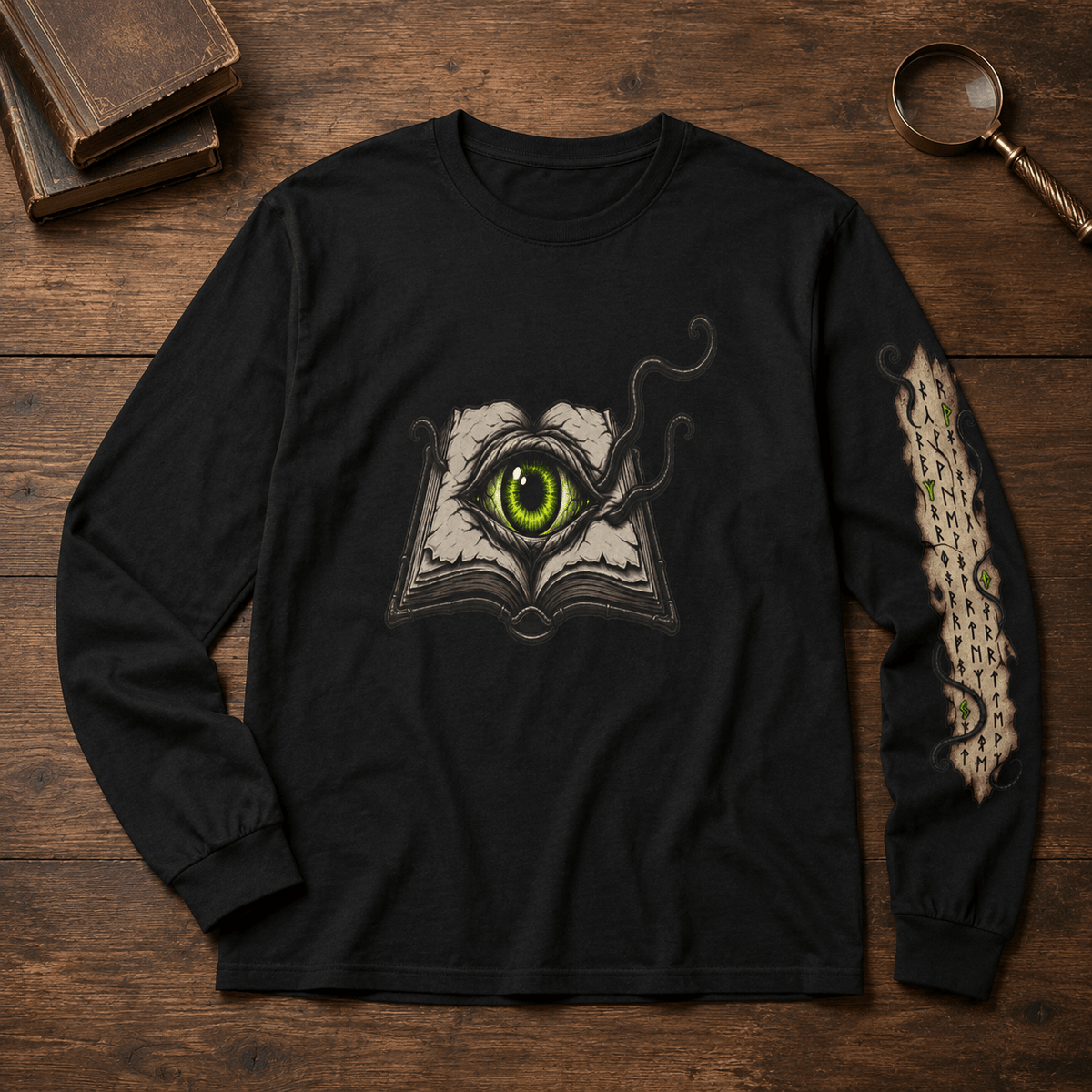 The Watching Book — Cosmic Horror Long Sleeve Tee | Gothic Academia Grimoire Shirt - Dogear Dreams