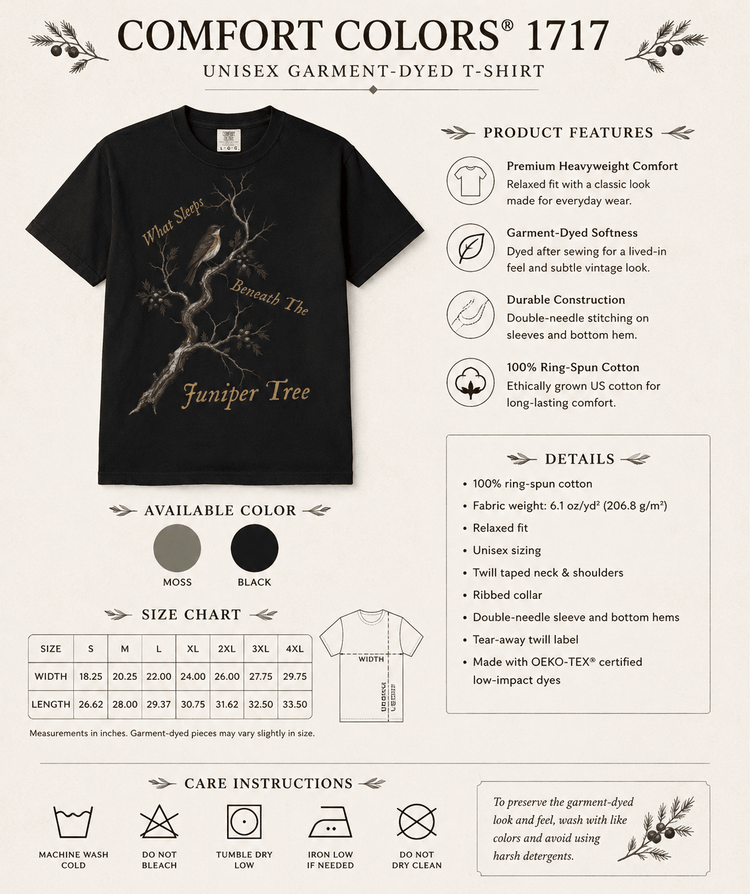 What Sleeps Beneath the Juniper Tree Tee | Dark Academia Fairytale Shirt | Gothic Botanical Bird Illustration | Comfort Colors 1717 - Dogear Dreams