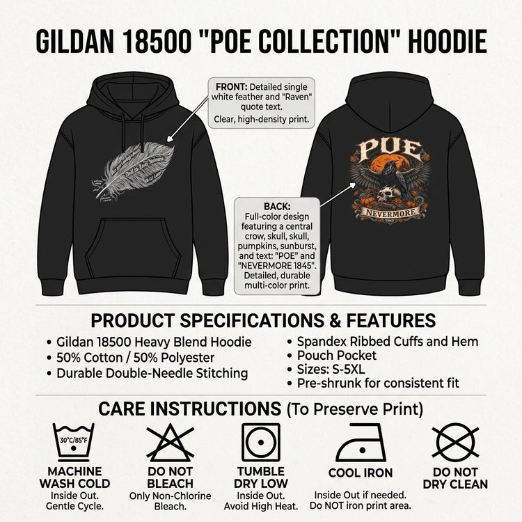 Poe Raven Nevermore Hoodie - Gothic Literary Halloween Sweatshirt, Front & Back Design - Dogear Dreams