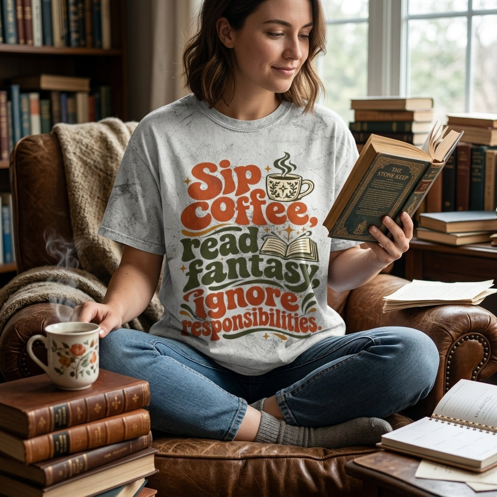 A woman sits cross-legged in a brown leather armchair, reading a book and wearing a light gray graphic T-shirt with the phrase 'Sip coffee, read fantasy, ignore responsibilities' in orange, green, and brown lettering. A steaming mug sits on a stack of books beside her, with more books and a bookshelf in a cozy room background.