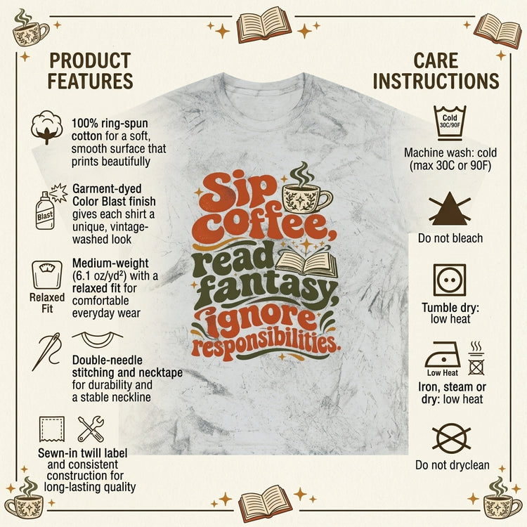 A light gray graphic T-shirt laid flat on a cream background with decorative book illustrations and text blocks detailing product features and care instructions. The shirt has a large retro-style text graphic reading &