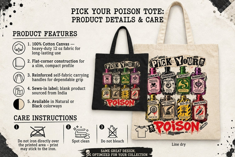 A canvas tote bag with a colorful poison bottle graphic and the words &