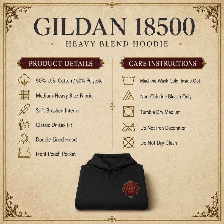 A product information graphic for a Gildan 18500 heavy blend hoodie. The graphic features a black hoodie folded and displayed at the bottom center, with a beige parchment-style background containing product details and care instructions in a two-column layout.
