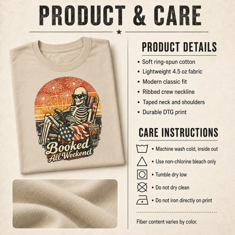 A folded beige graphic T-shirt shown on a textured cream background with printed product details, care instructions, and a fabric close-up. The shirt features a large retro skeleton lounge graphic with fireworks, an American flag, a drink, and the text &