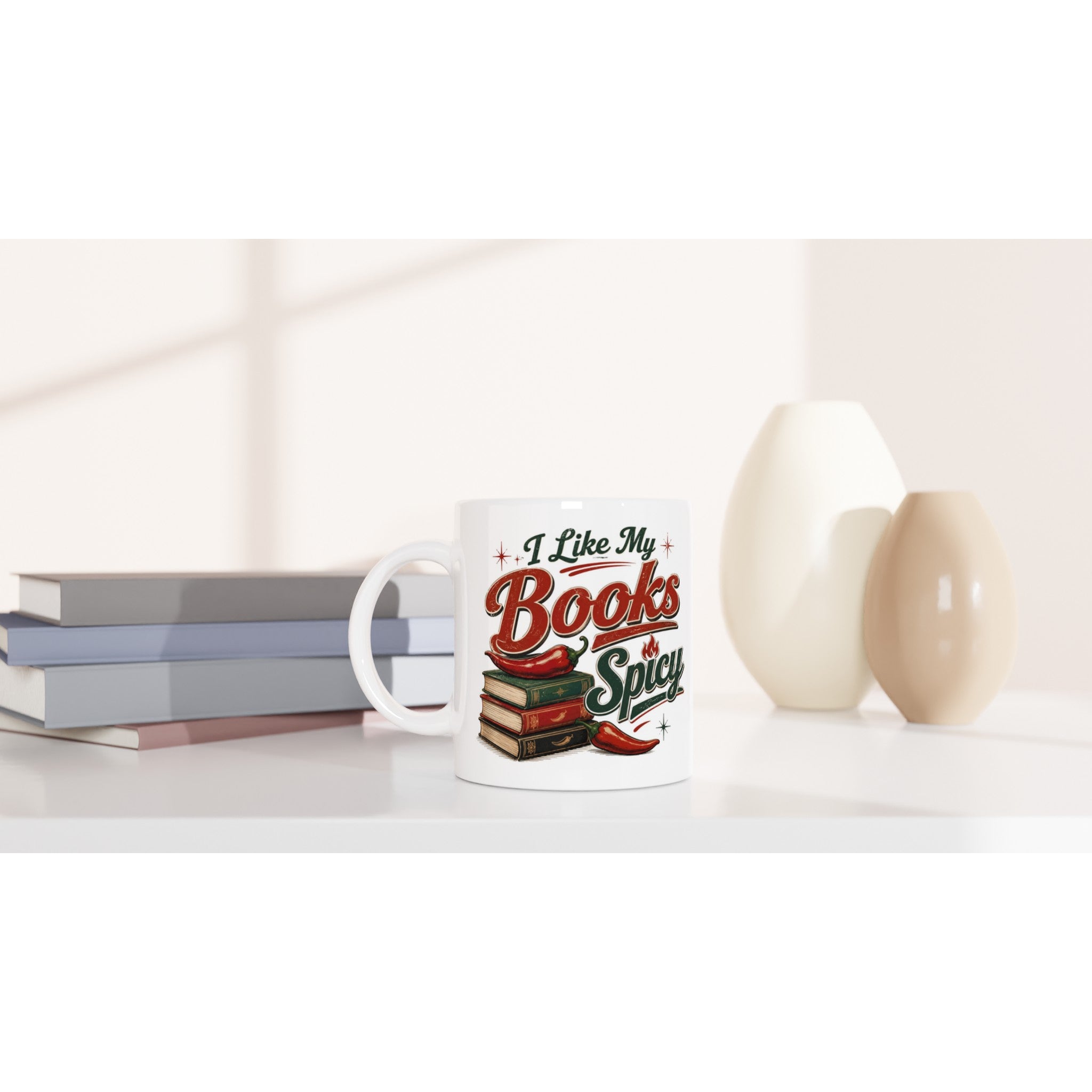 I Like My Books Spicy mug with chili peppers and books, perfect for romance readers and BookTok fans.
