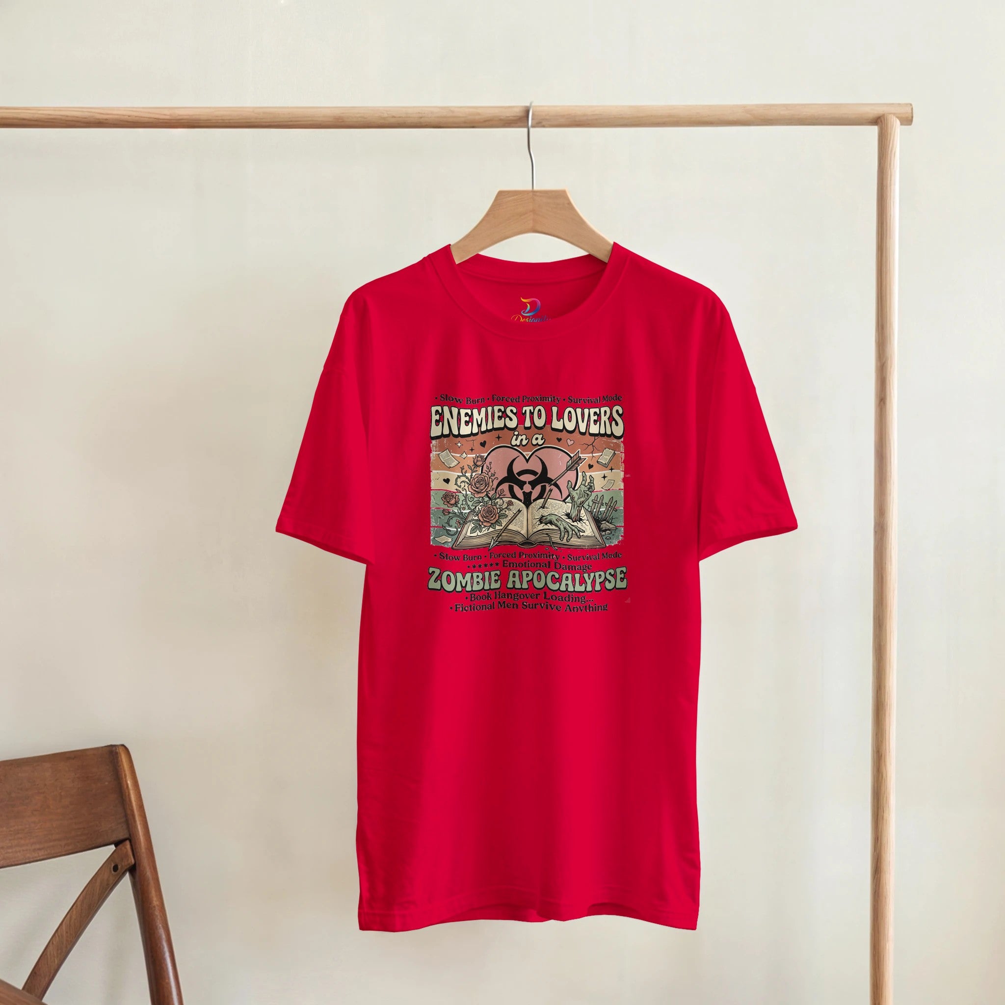 Enemies to Lovers Zombie Apocalypse bookish graphic t-shirt for romance readers, BookTok fans, and lovers of quirky fiction.