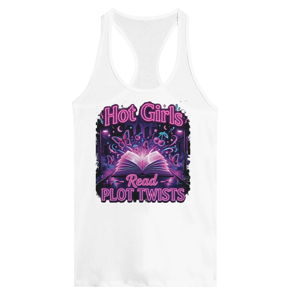 Hot Girls Read Plot Twists Racerback Tank Top | Y2K Book Lover Graphic Tee - Designity