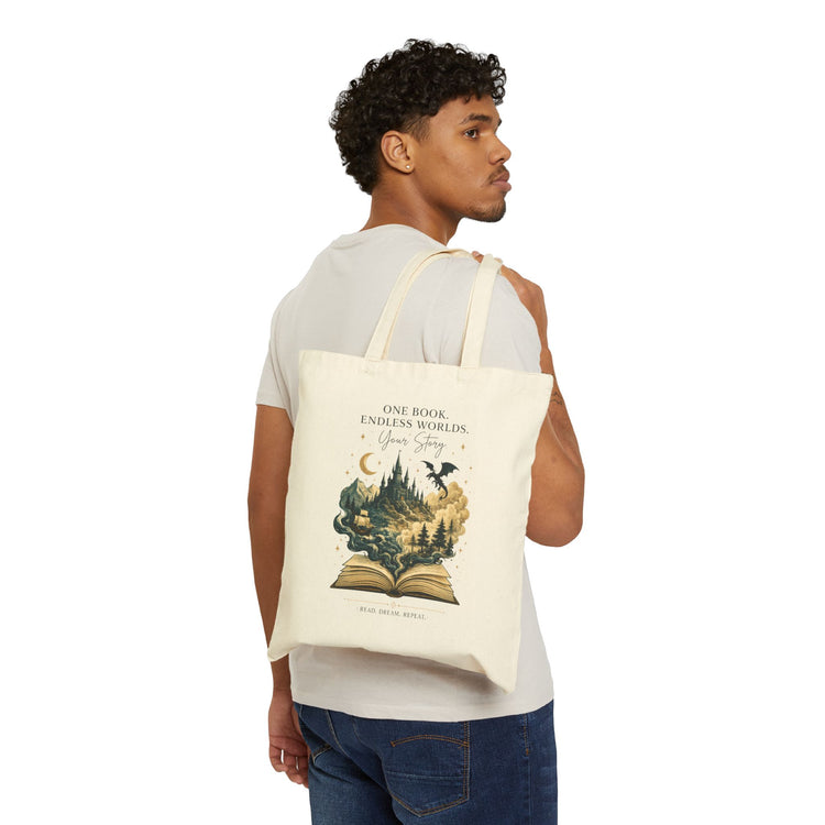 Book Lovers Tote Bag – "One Book Endless Worlds" Fantasy Canvas Book Tote - Dogear Dreams