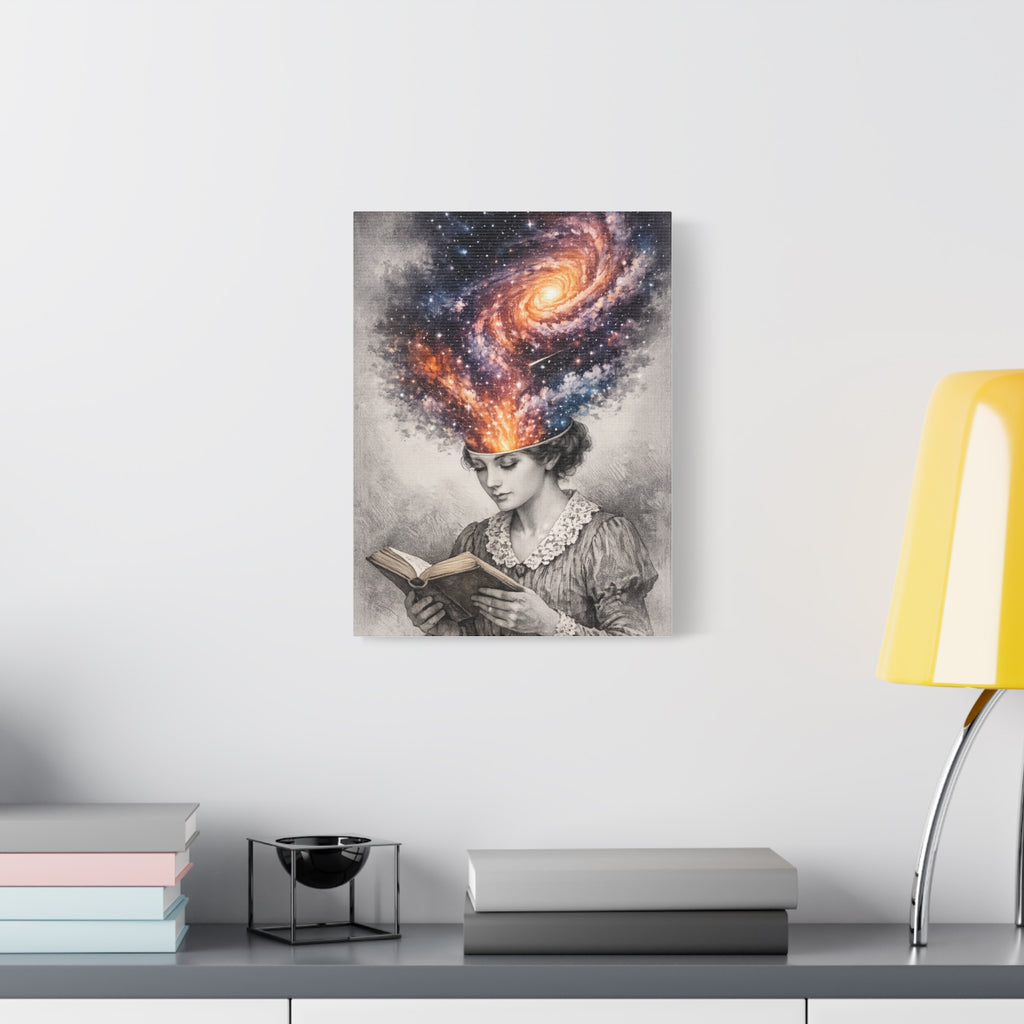 Canvas art of a vintage reader with a glowing galaxy and stars swirling from her mind above an open book.