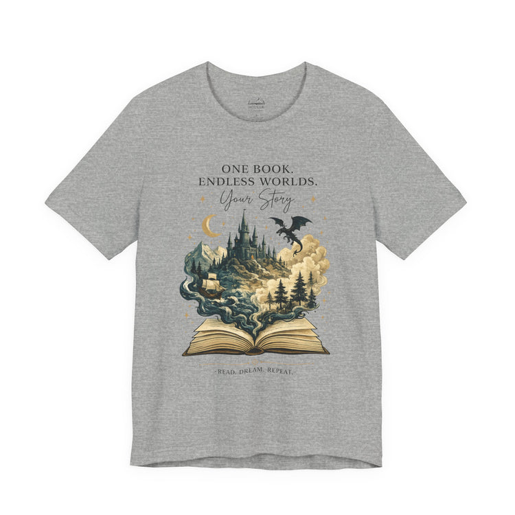 One Book. Endless Worlds | Original Fantasy Book Lover Graphic Tee | Fantasy Reader Shirt | Dragon Book Tee | Literary Gift - Dogear Dreams