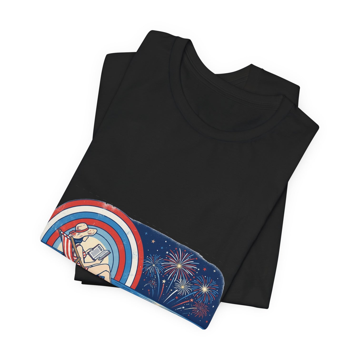 Black tee with a colorful graphic on a white background