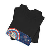 Black tee with a colorful graphic on a white background