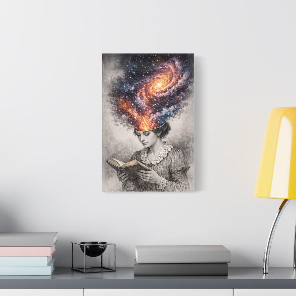 Canvas art of a vintage reader with a glowing galaxy and stars swirling from her mind above an open book.