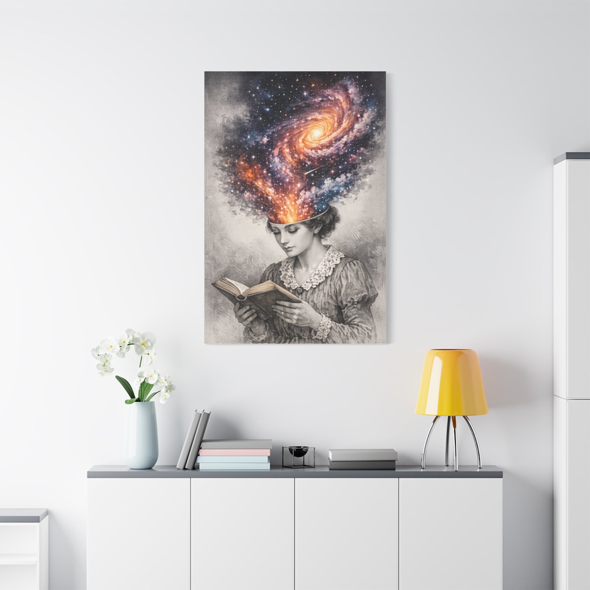 Canvas art of a vintage reader with a glowing galaxy and stars swirling from her mind above an open book.