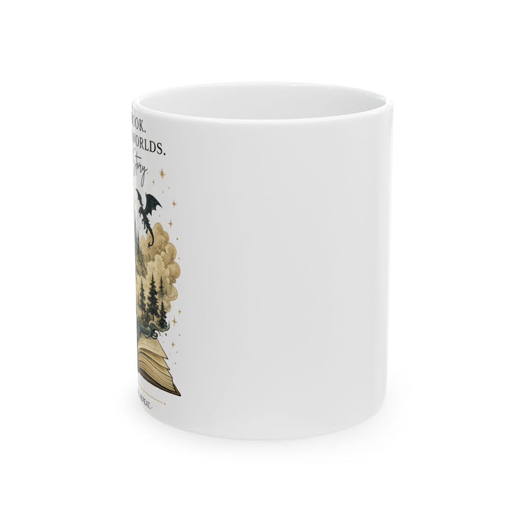 Fantasy Book Lover Ceramic Mug — "Meet Me Where Our Worlds Collide" Illustration (11oz, 15oz) - Dogear Dreams
