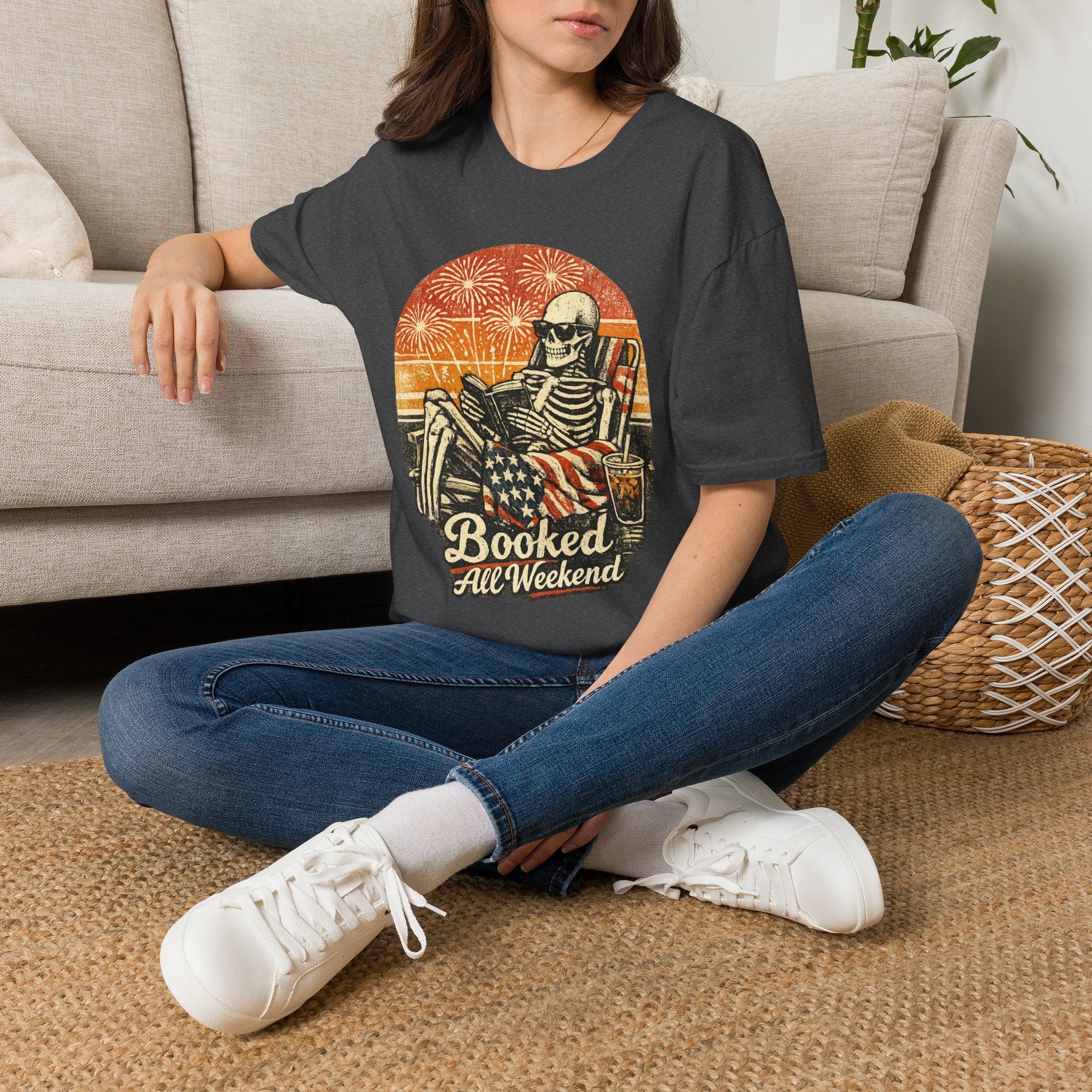 Booked All Weekend Skeleton Reader Shirt | Vintage Gothic 4th of July Tee | Patriotic Book Lover Skeleton T-Shirt