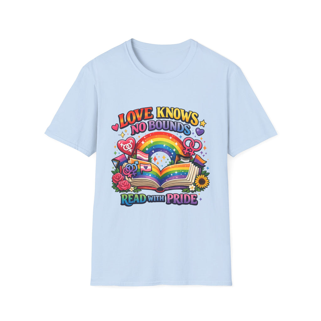 LGBTQ+ book lover tee with rainbow book, pride symbols, and "Love Knows No Bounds, Read With Pride" text.