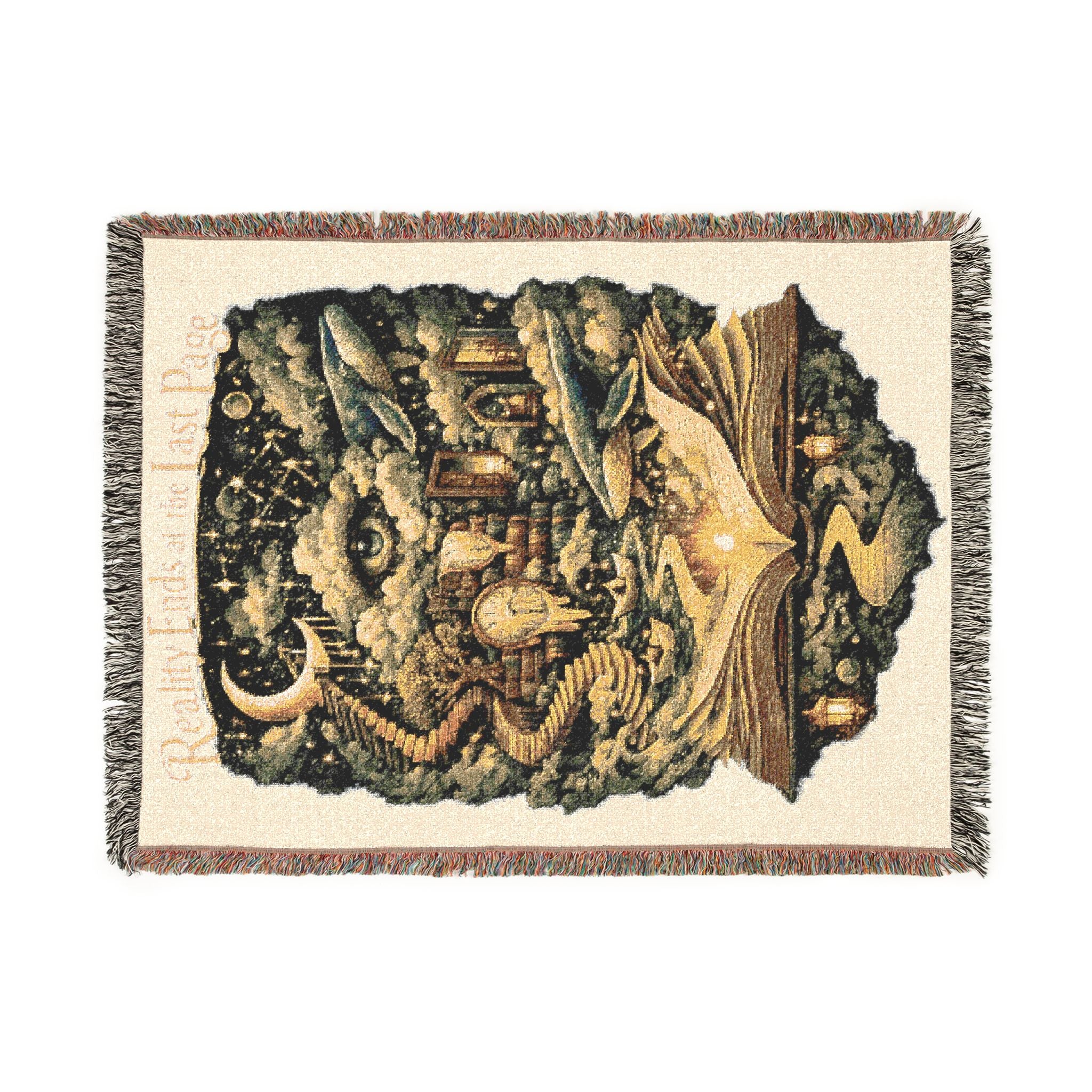 Reality Ends at the Last Page Woven Throw Blanket | Surreal Book Lover Blanket with Celestial Whales and Dreamscape Art