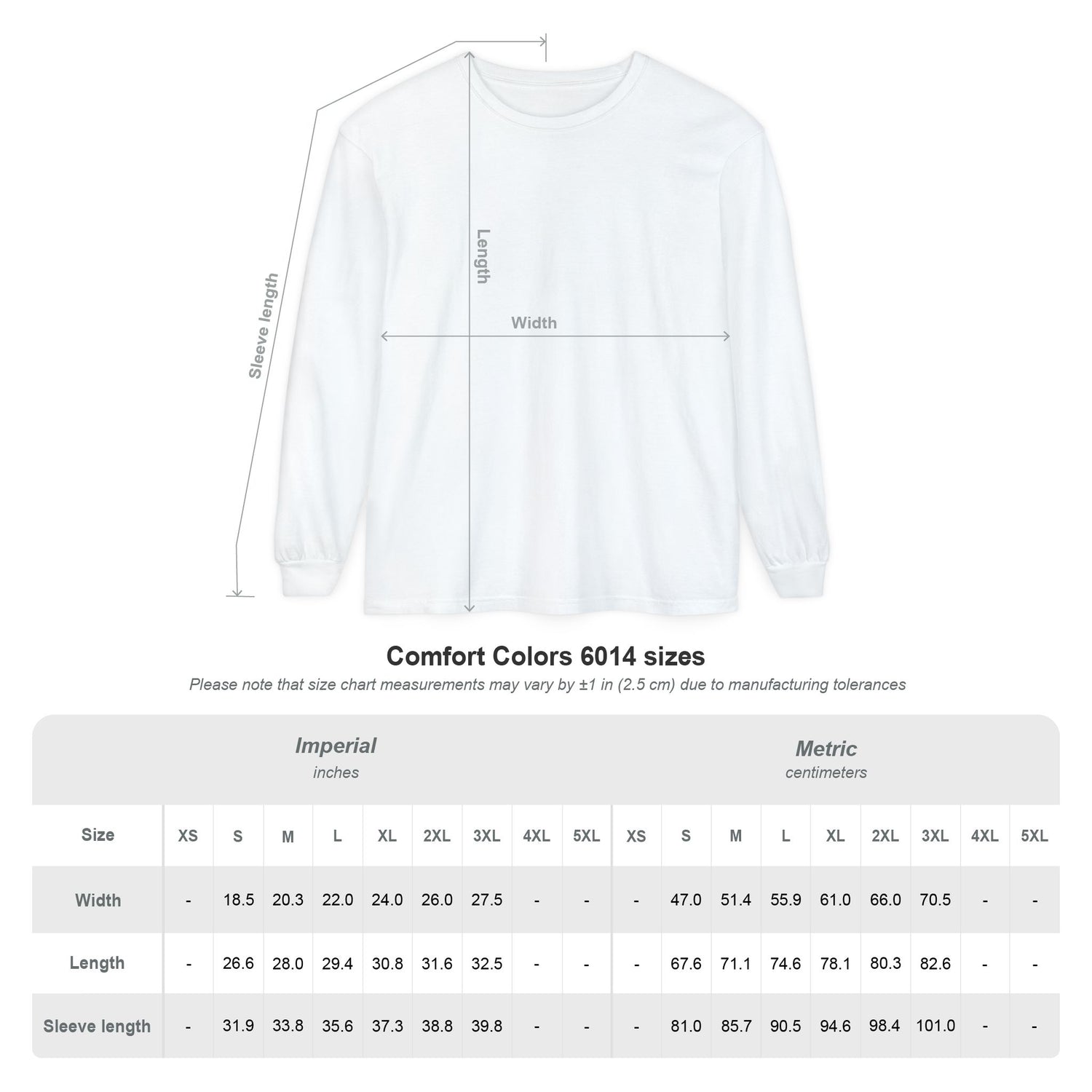 White sweatshirt with measurement chart on a white background