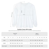 White sweatshirt with measurement chart on a white background