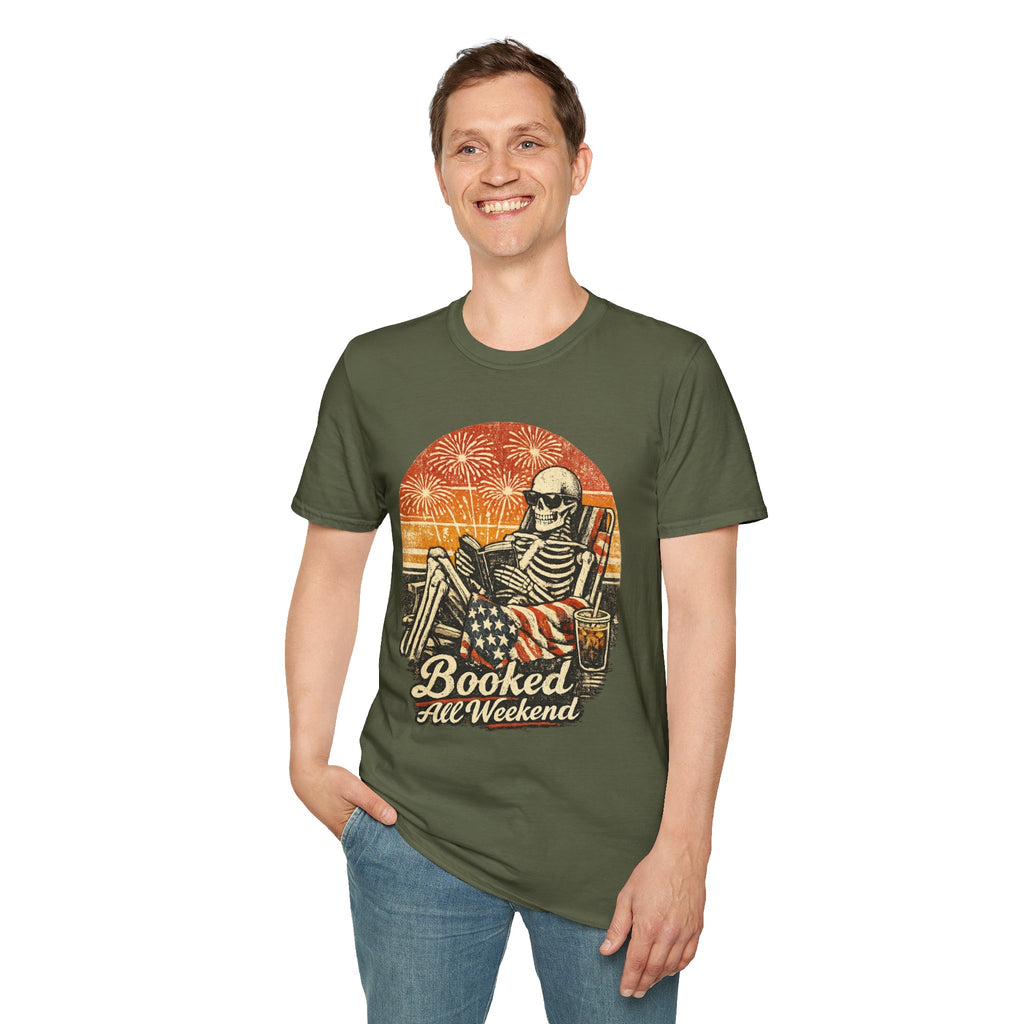 Booked All Weekend Skeleton Reader Shirt | Vintage Gothic 4th of July Tee | Patriotic Book Lover Skeleton T-Shirt