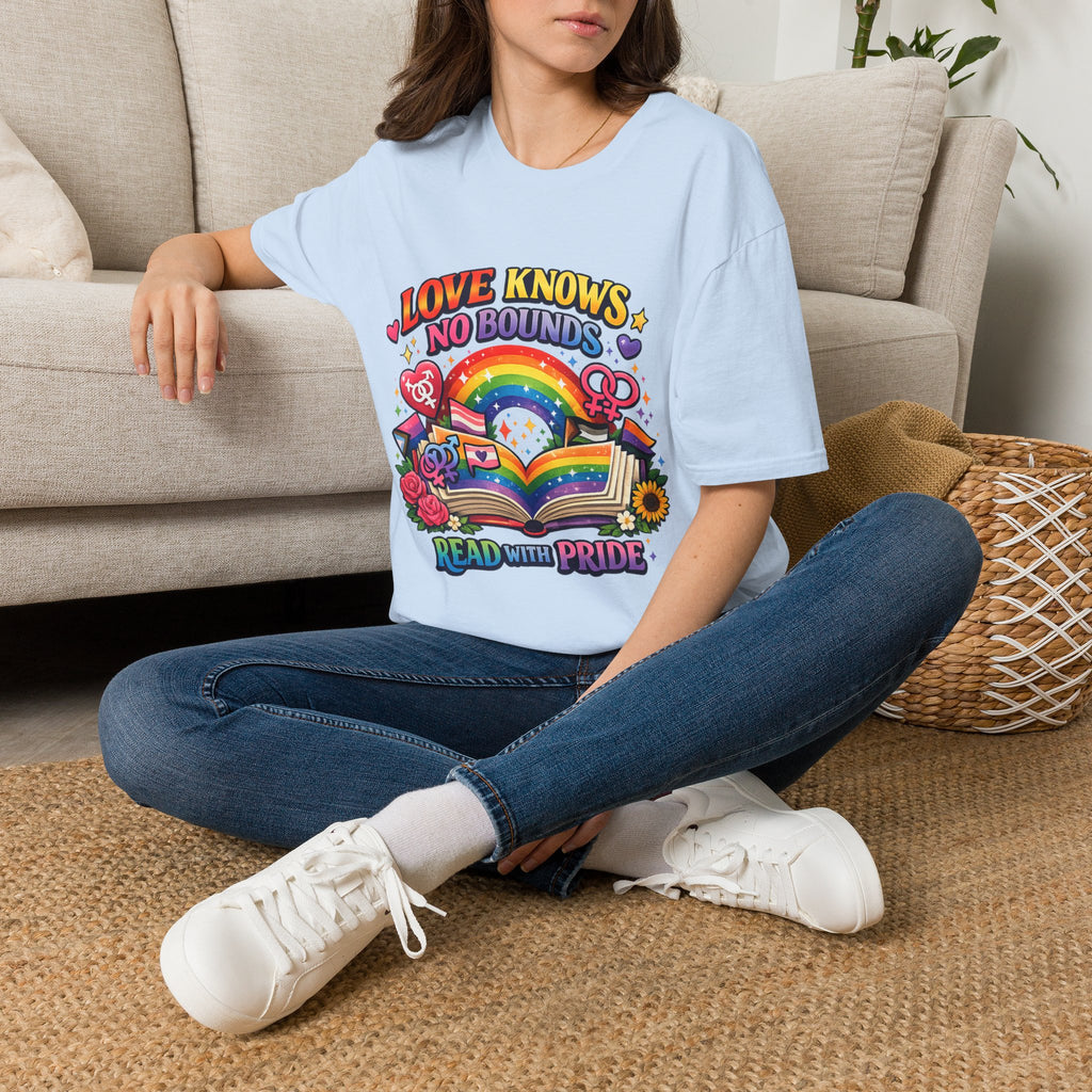 LGBTQ+ book lover tee with rainbow book, pride symbols, and "Love Knows No Bounds, Read With Pride" text.