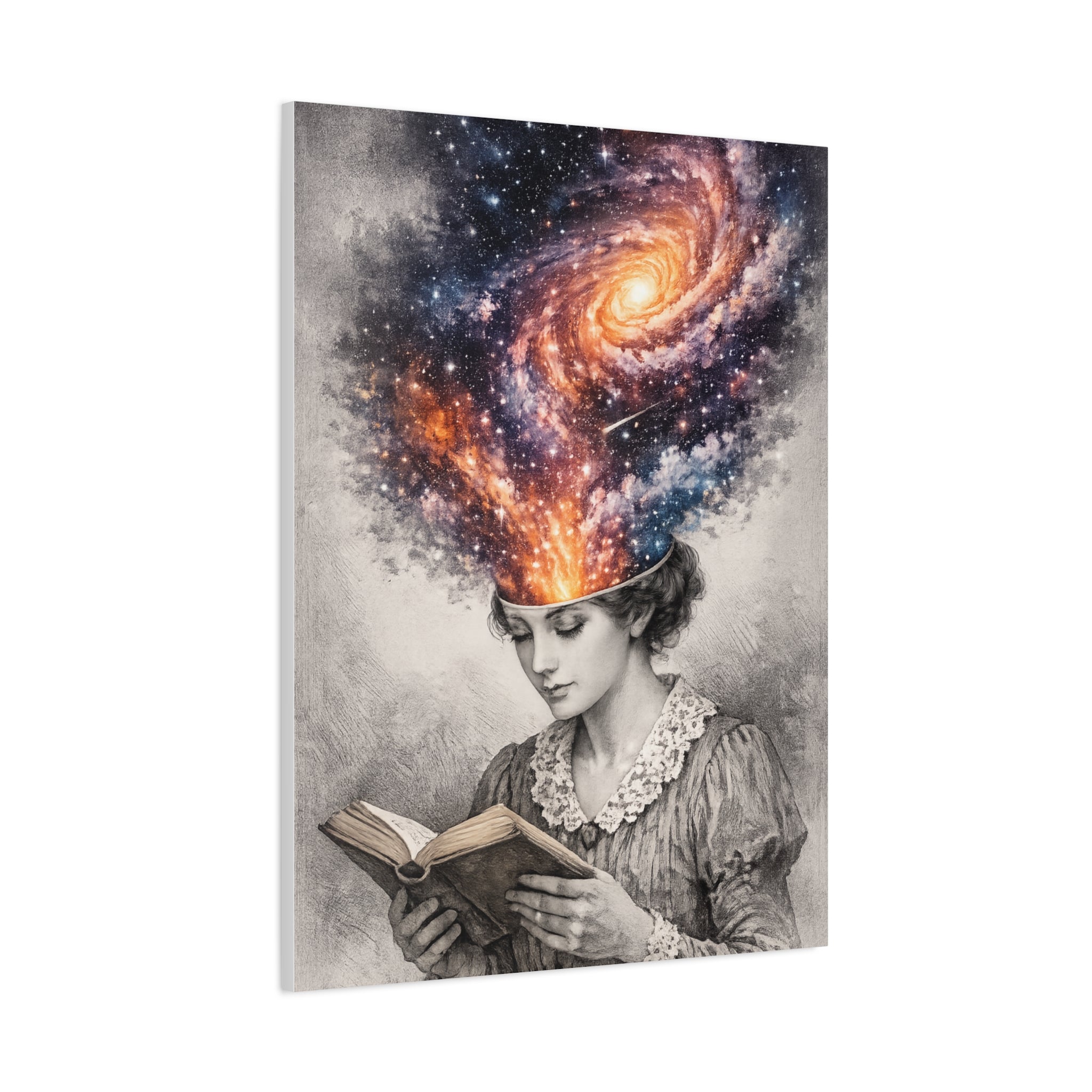 Canvas art of a vintage reader with a glowing galaxy and stars swirling from her mind above an open book.