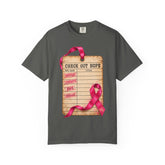 A dark gray short-sleeve t-shirt with a graphic print of a brown parchment check-out card labeled &