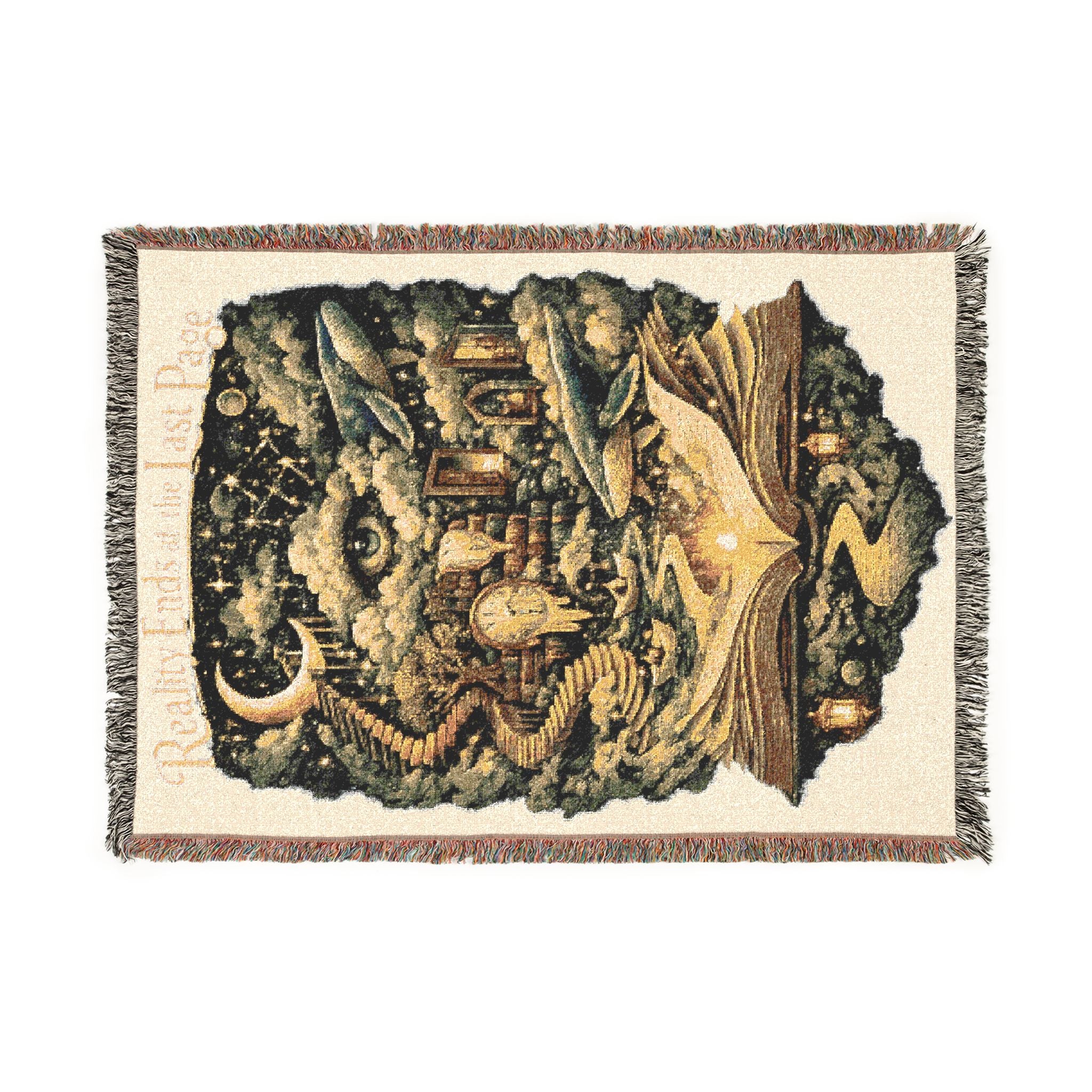 Reality Ends at the Last Page Woven Throw Blanket | Surreal Book Lover Blanket with Celestial Whales and Dreamscape Art