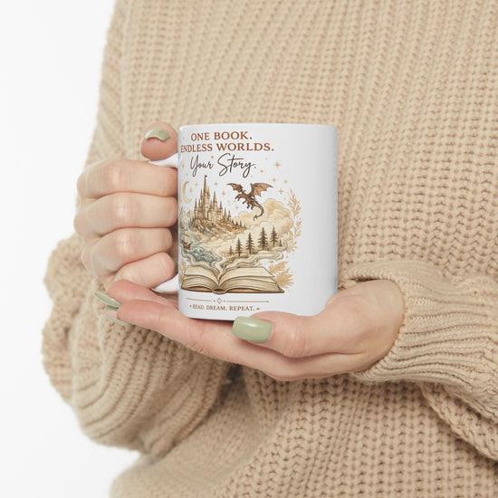 Fantasy Book Lover Mug | One Book Endless Worlds Coffee Mug for Readers - Dogear Dreams