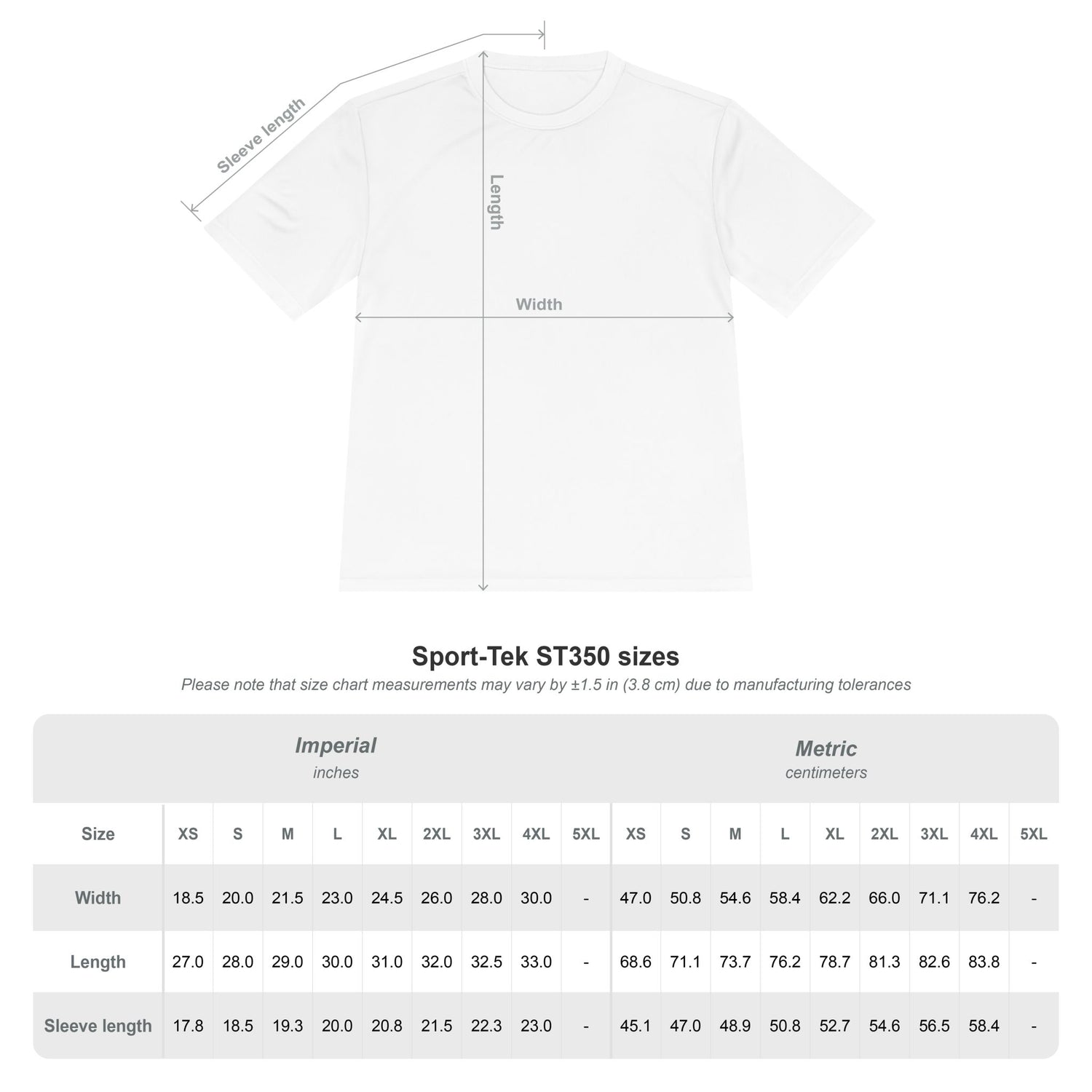 White t-shirt with measurement chart for Sport-Tek ST350 sizes on a white background