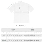 White t-shirt with measurement chart for Sport-Tek ST350 sizes on a white background