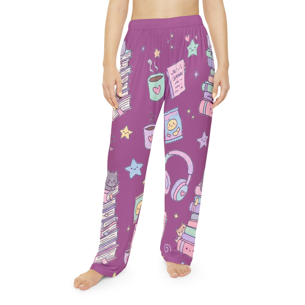 Cozy Reading Pajama Pants — Pastel Books, Cats & Tea All-Over Print